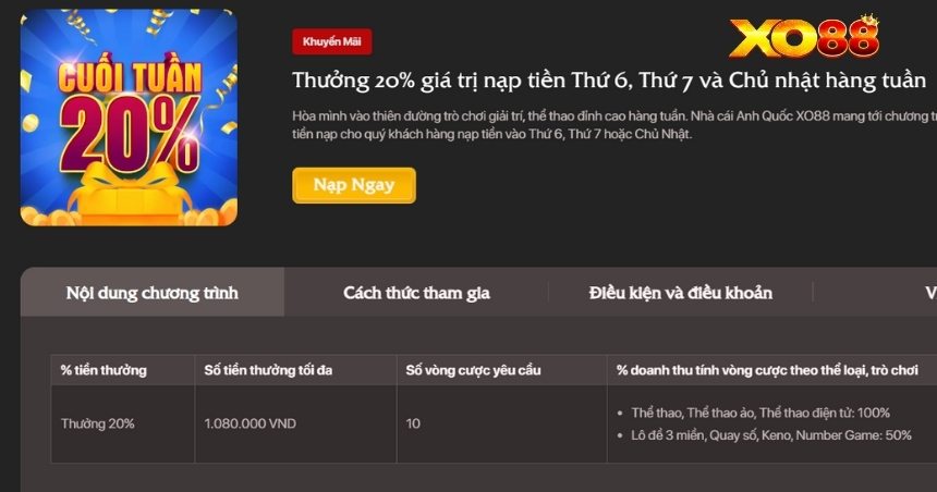 Thưởng 20% giá trị nạp tiền cuối tuần
