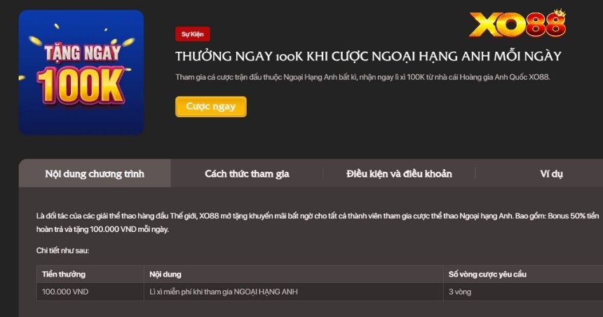 Khuyến mãi XO88 100k khi cá cược NHA